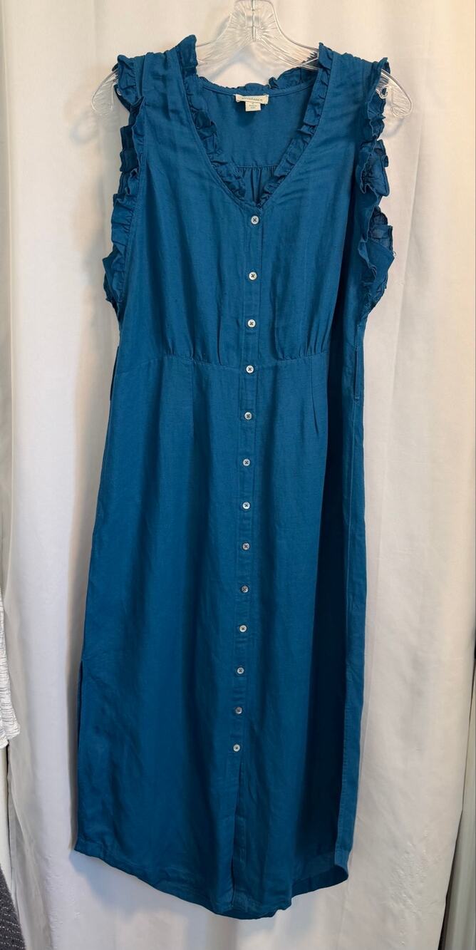 Sundance Teal Blue Linen Blend Ruffle V-Neck Midi Dress - S